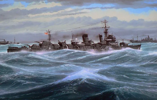 Picture transport, ship, art, Navy, military, the convoy, Japanese, destroyer, WW2, destroyer, IJN, Hibiki