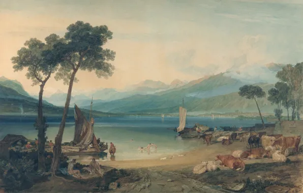 Picture landscape, mountains, boat, picture, cows, sail, William Turner, Lake Geneva and Mont Blanc