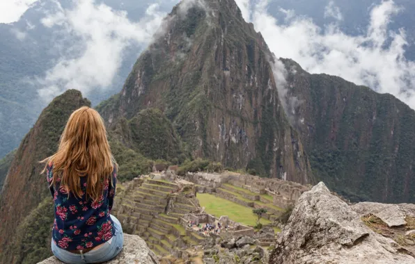 Picture girl, landscape, nature, clouds, Peru, Machu Picchu