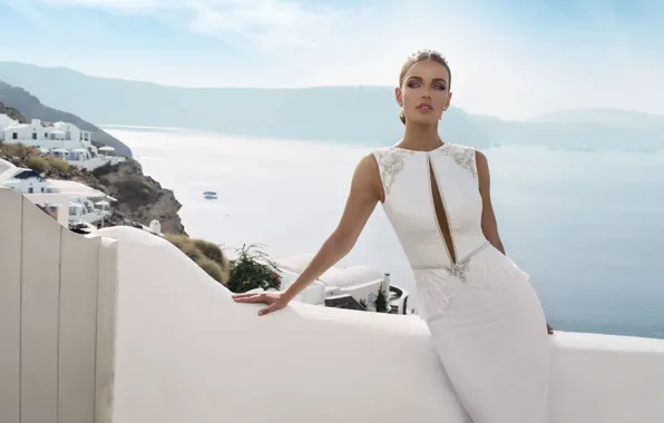 Picture sea, girl, view, Santorini, white dress