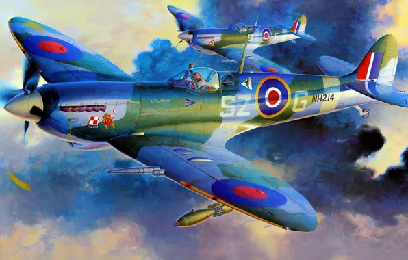 Picture fighter, war, art, airplane, painting, ww2, Spitfire Mk.IXc late version