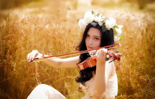 Picture summer, girl, music, violin, Asian