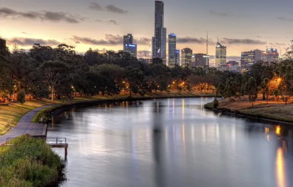 Picture trees, river, the evening, lights, Yarra River