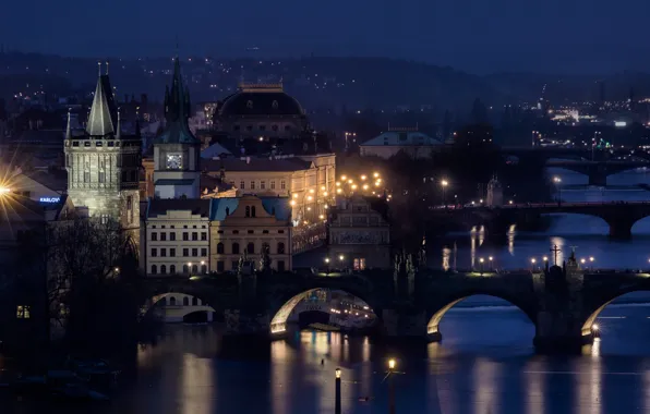Picture night, bridge, river, Prague