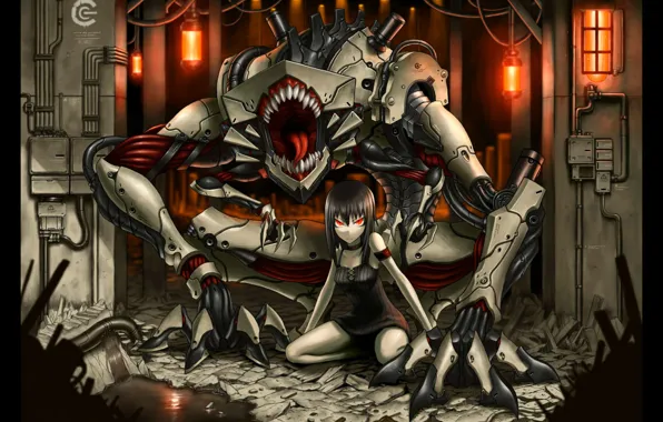 Picture wire, robot, monster, mouth, girl, red eyes, Gia, bunker