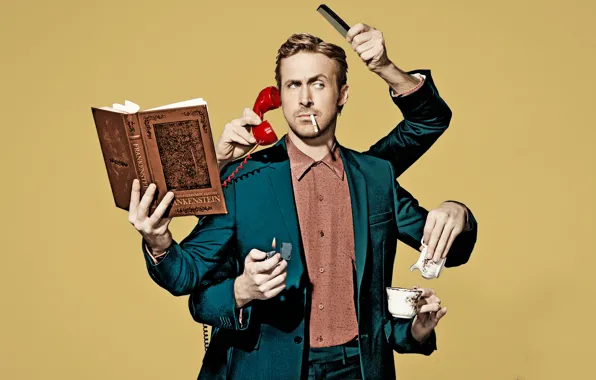 Picture background, humor, hands, lighter, cigarette, photographer, costume, Cup, actor, book, phone, photoshoot, Ryan Gosling, Ryan …