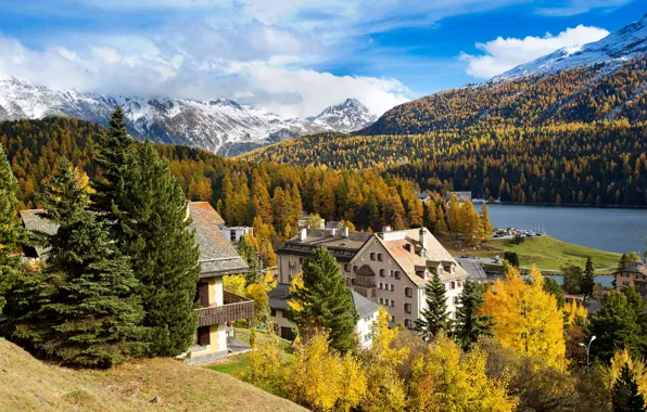 Picture autumn, forest, mountains, river, home, Switzerland, St. Moritz