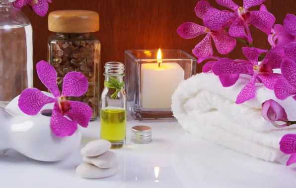Picture flowers, oil, towel, candles, flowers, Spa, Spa, candles, oil, towels, sea salt, sea salt, purple …