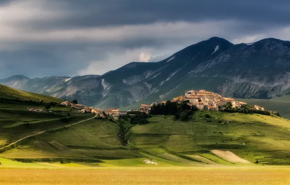 Picture grass, mountain, italy, town, norcia