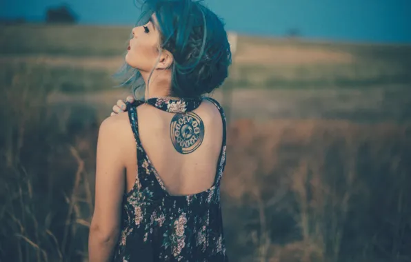 Picture back, tattoo, tattoo, girl. blue hair