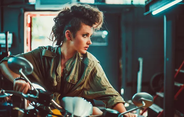 Picture girl, garage, motorcycle, bike, biker