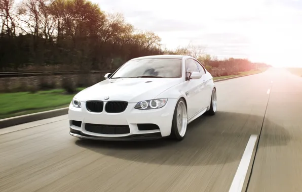 Picture white, the sky, trees, markup, bmw, BMW, speed, white, road, sky, dear, speed, e92, daylight