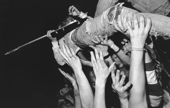 Picture the crowd, guitar, hands, musician, Kurt Cobain, slam