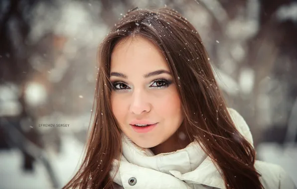 Picture winter, girl, snowflakes, makeup, hairstyle, brown hair, cute, bokeh, Oksana, Efremov Sergey