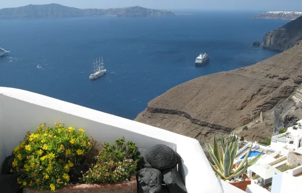 Picture sea, stones, island, ships, Santorini, Greece, horizon, Sunny day, rocky shore, Thira