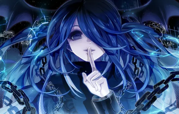 Picture blue, Gothic, Girl, wings, finger, lips, chain, silence, shackles, deceit