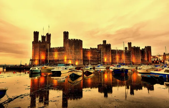 Picture sunset, river, castle, wall, boats, the evening, UK, tower, fortress, North Wales, Cearnarfon Castle