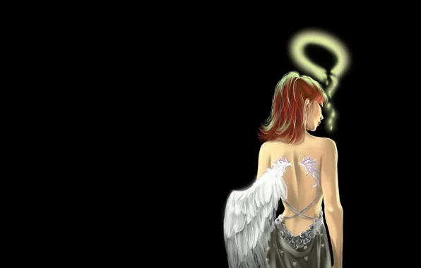 Picture girl, back, wings, angel, anime, black background, halo