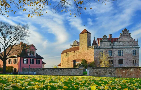 Picture autumn, grass, leaves, castle, Germany, Bayern, Cadolzburg