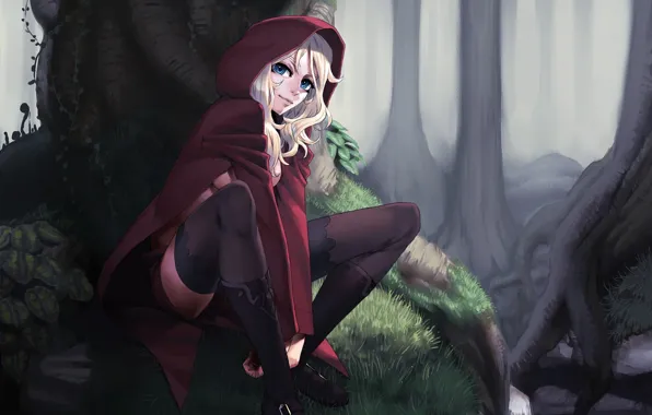 Picture forest, trees, little red riding hood, stockings, art, girl, cloak, little red riding hood, cozy