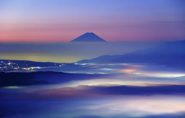 Picture clouds, landscape, mountains, nature, the city, dawn, Japan, Fuji, glow, haze