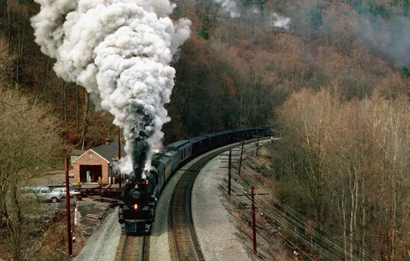 Picture autumn, mountains, smoke, train