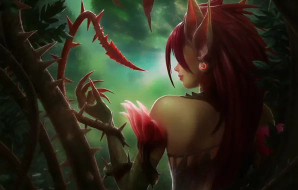 Picture forest, girl, plants, spikes, claws, ears, back, vines, league of legends, zyra