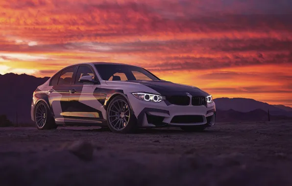 Picture BMW, Light, Clouds, Sky, Front, Black, Sunset, White, And