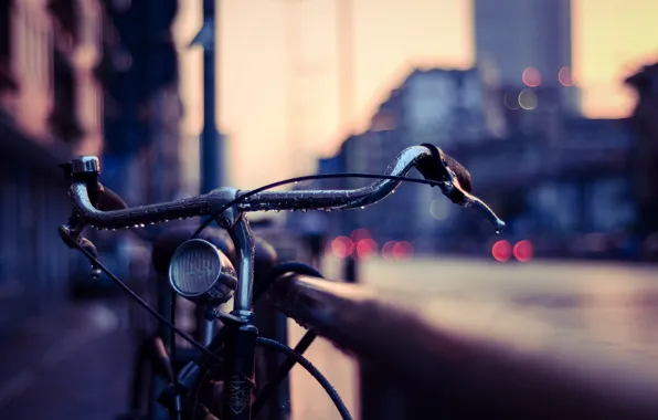 Picture drops, macro, bike, lights, the evening, railings, bokeh