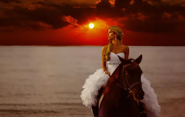 Picture sea, girl, sunset, style, mood, horse, horse, dress