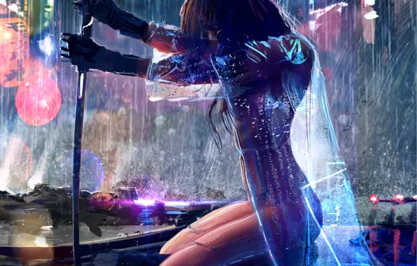 Picture girl, weapons, rain, sci-fi