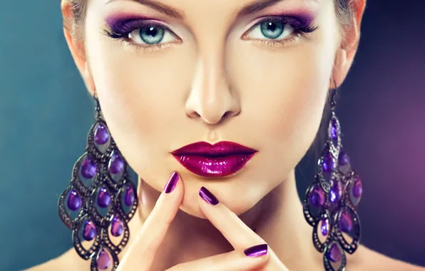 Picture look, face, earrings, makeup, lipstick, lips