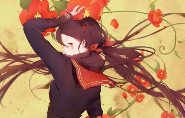Picture girl, art, Anime, Anime, school uniform, long hair, red flowers