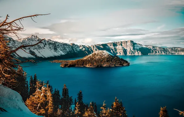 Picture snow, trees, lake, Oregon, USA, crater, Crater Lake, Crater Lake National Park, Crater Lake