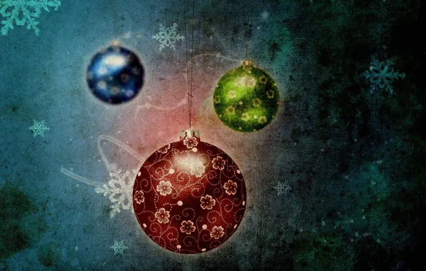 Picture snowflakes, blue, red, balls, green, praznik
