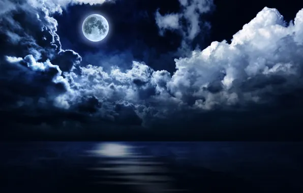 Picture sea, the sky, clouds, night, the moon, horizon
