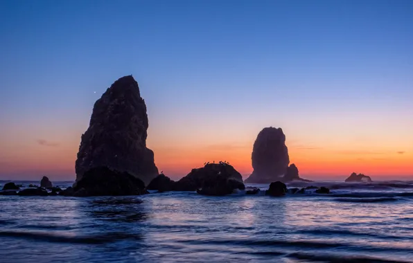 Picture sea, the sky, stones, rocks, Oregon, glow, USA, Cannon Beach