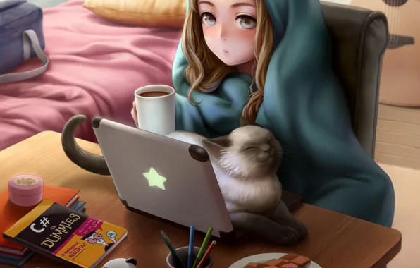 Picture cat, girl, room, anime, art, blanket, laptop, kotikomori