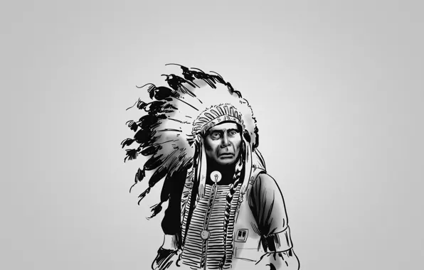 Picture black and white, feathers, serious, Indian, red, the leader