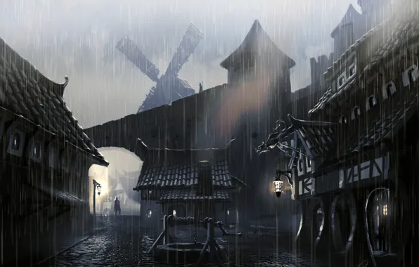 Picture the city, rain, people, pavers, lights, well, mill, Skyrim, The Elder Scrolls V, concept atr