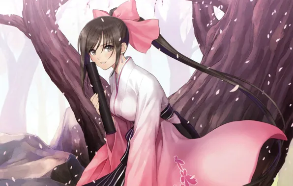 Picture petals, Sakura, kimono, bow, long hair, art, visual novel, shining hearts, tony taka, sakuya enfield