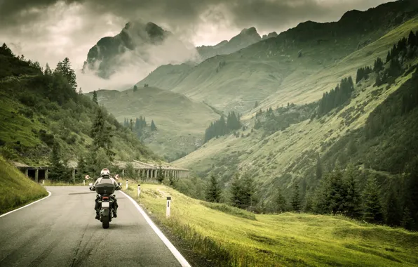 Picture road, grass, landscape, mountains, nature, markup, blur, motorcycle, biker, bike, moto, forest, bike, bokeh, travel, …
