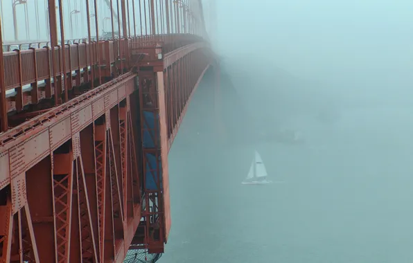 Picture red, bridge, fog, sailboat
