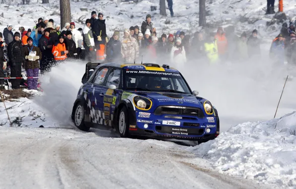 Picture Winter, Blue, Snow, People, Skid, Mini Cooper, WRC, the front, Rally, MINI, Mini Cooper