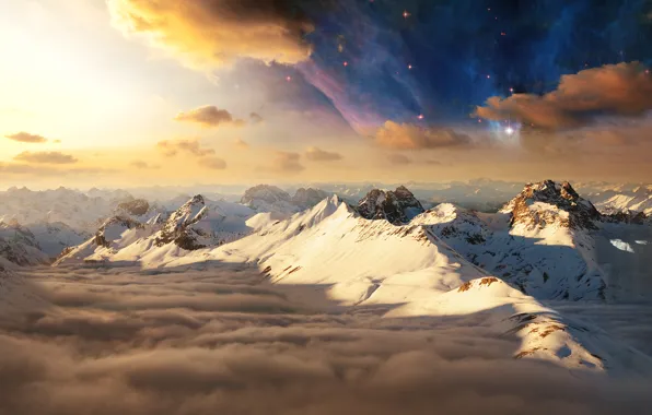 Picture the sky, the sun, clouds, snow, mountains, tops