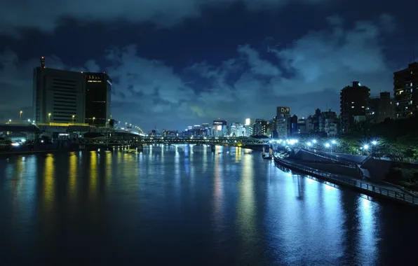 Picture water, night, bridge, the city, lights, reflection, river, China, the evening, lighting, China, promenade, Beijing, …