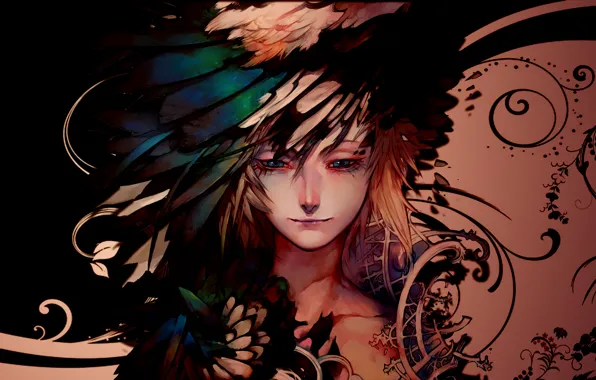 Picture patterns, boy, feathers, kid, Wallpaper anime, sadness to the desktop