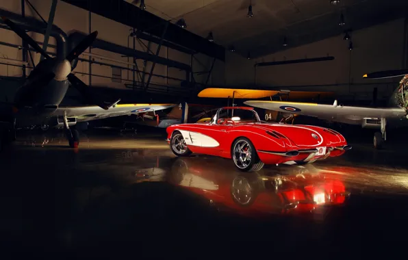 Picture red, tuning, Corvette, Chevrolet, hangar, twilight, Chevrolet, drives, classic, rear view, tuning, aircraft, custom, Corvette, …