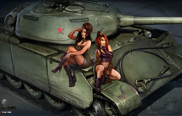 Picture girls, figure, art, tank, Soviet, average, World of Tanks, tankistki, Nikita Bolyakov, The t-44 100