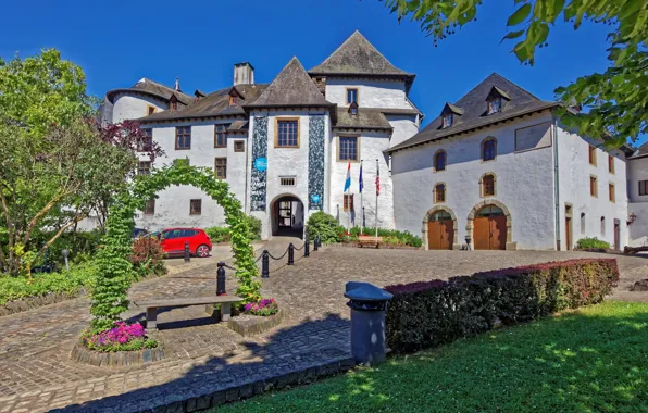 Picture summer, the sun, trees, flowers, design, home, the sidewalk, the bushes, benches, streets, Luxembourg, Clervaux